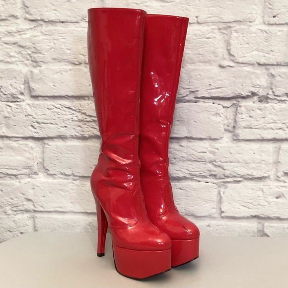 Stripper Boots 9 Pahrump NV Used Exotic Dancer Red Platform Tall Knee Jante - Picture 2 of 14